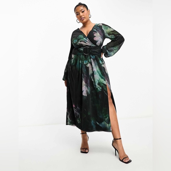 ASOS DESIGN Curve Plunge Midi Dress Green Floral Print Sz 24 Long Sleeves Belt - Picture 1 of 13